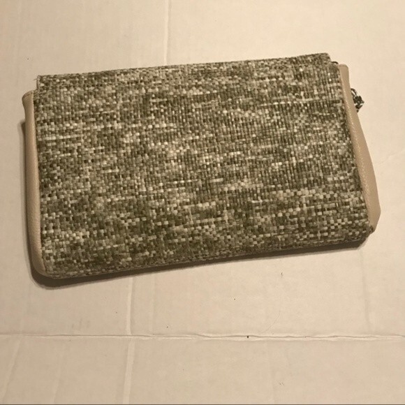 KELLY AND KATIE Tweed Clutch Handbag Chain Strap Green Tan Cream Snap Closure - Picture 6 of 6
